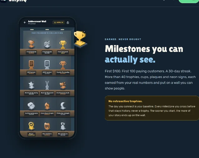 ShipHQ 官网的奖杯墙一节，左侧是 App 内的 Achievement Wall 截图，右侧写着 More than 40 trophies 与 No retroactive trophies