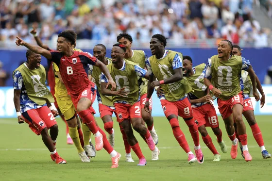Cape Verde players celebrate their first World Cup goal