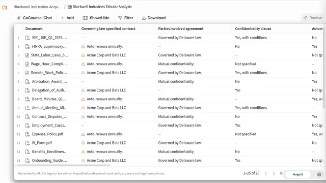 CoCounsel Legal's Tabular Analysis interface showing a document-review table