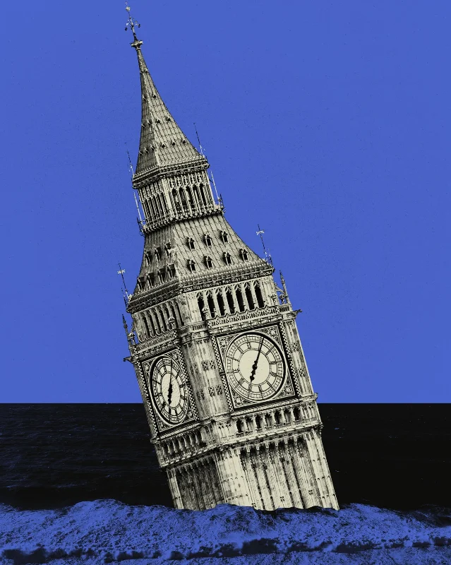 Big Ben clocktower illustration sinking into waves on dark background