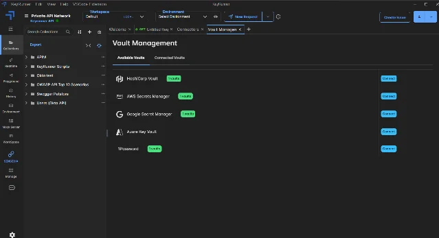 Vault Management panel showing available vault providers — HashiCorp Vault, AWS Secrets Manager, Google Secret Manager, Azure Key Vault, and 1Password — each with a Connect button