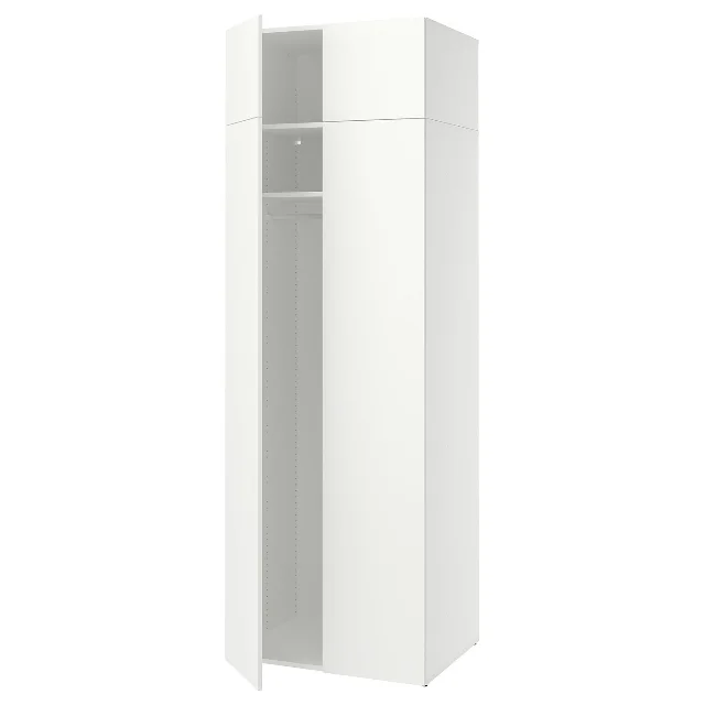 Tall white LASTARE wardrobe combination with one narrow door open, shown on a white background.