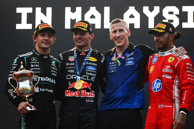 Kimi Antonelli, Max Verstappen and Lewis Hamilton on the Sepang podium after the Bahrain Grand Prix in Malaysia