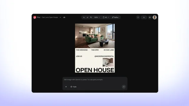Google Pics interface showing an image being edited inside a dark Workspace-style canvas