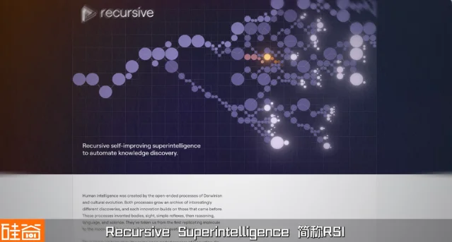 RSI 官网首页，标语为「Recursive self-improving superintelligence to automate knowledge discovery.」
