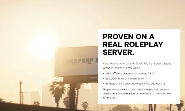 A launch panel reading "Proven on a real roleplay server" over a screenshot of a highway billboard, listing three figures from three weeks on Strefa RP