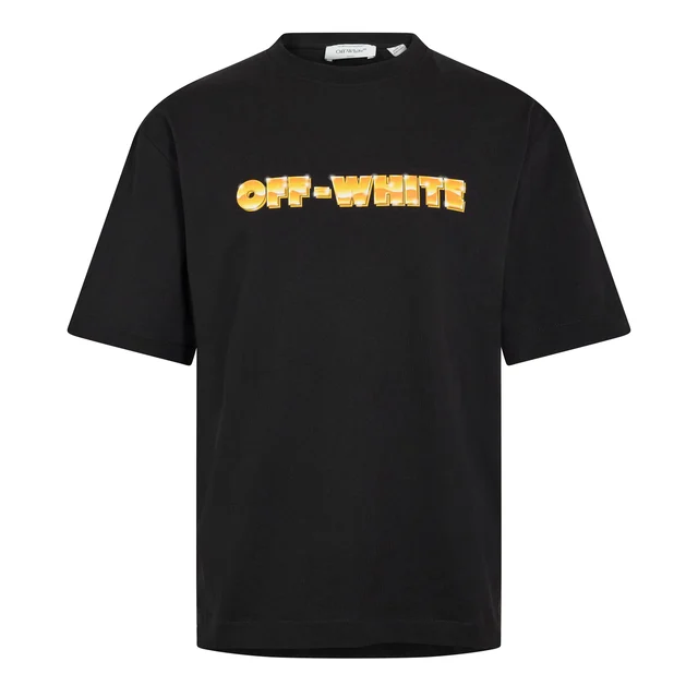 Off White men's T-shirt in black with a gold-to-orange gradient logo printed across the chest