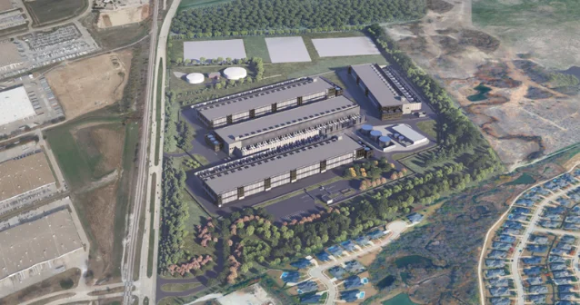 Aerial rendering of the proposed Circle T data-center campus beside a highway and residential development