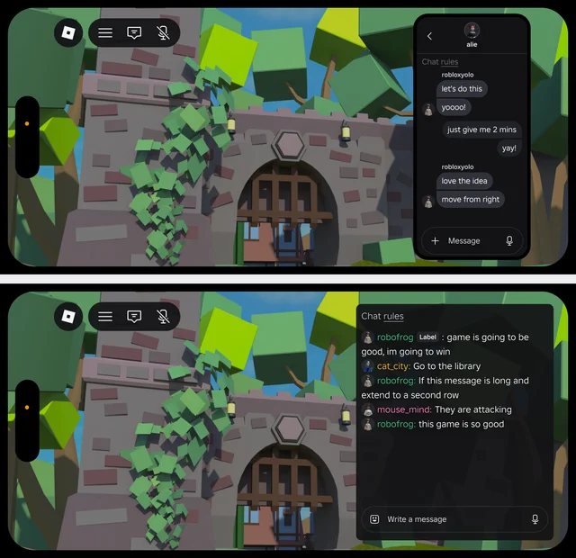 Two of Roblox's own mock-ups from the announcement, stacked: the upper frame shows a phone-style chat window with speech bubbles, avatars beside messages and a Message bar; the lower frame shows a wider chat window with an amber "Label" prefix beside one player's name and names drawn in different colours