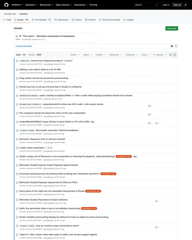 remotion-dev/remotion 的议题列表页