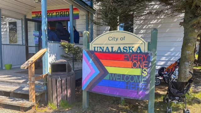 A public Pride sign in Unalaska reads Every One Is Welcome Here