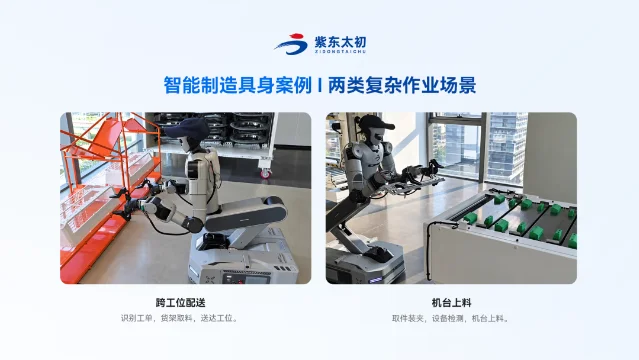 智能制造两类作业场景实拍,左侧为跨工位配送,右侧为机台上料