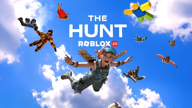 Roblox key art for The Hunt: Roblox 20, showing avatars falling through a blue sky under the event's logo