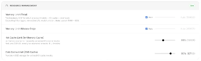 oMLX resource settings showing hot in-memory cache and cold SSD cache
