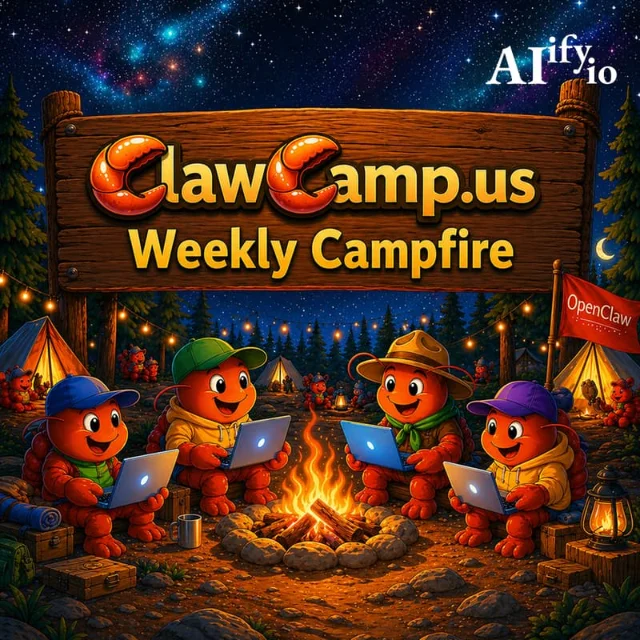 ClawCamp Campfire event image — four anthropomorphic lobsters around a campfire with laptops, OpenClaw flag, starlit forest background