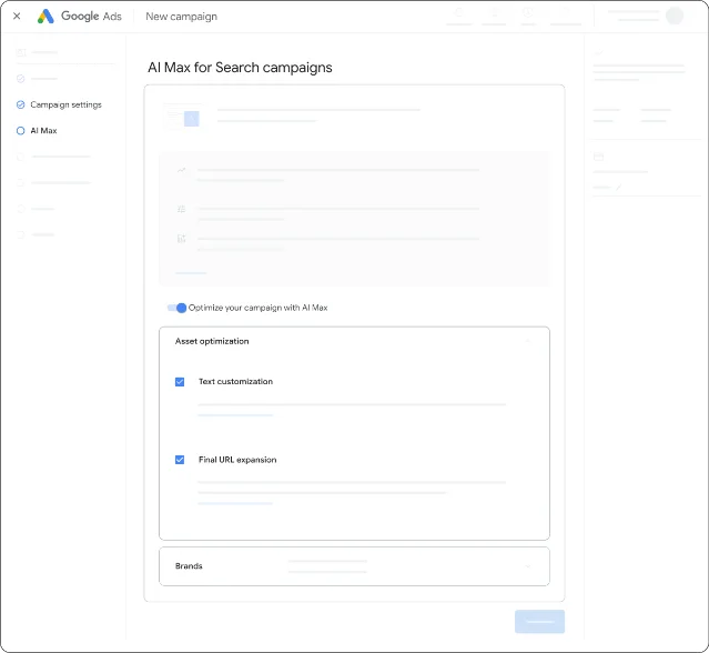 Google Ads 帮助中心里的 AI Max 设置面板