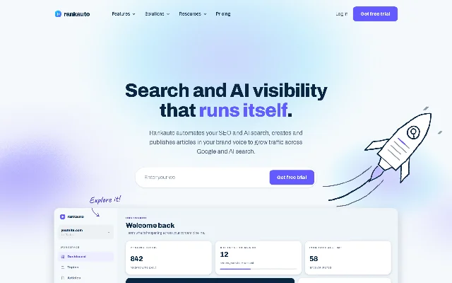 Rankauto 官网首页首屏：顶部导航为 Features、Solutions、Resources、Pricing 与 Log in、Get free trial；主标题 Search and AI visibility that runs itself. 下接一行说明 Rankauto automates your SEO and AI search, creates and publishes articles in your brand voice to grow traffic across Google and AI search.；再往下是输入站点域名的框与 Get free trial 按钮，右侧一枚火箭线条插画；底部露出一台演示后台，Dashboard 页上 Pending topics 842、Articles this month 12、Published all-time 58 三个数并列，右侧是 Writing now 的选题 best robo advisor for beginners 与 Planning、Researching、Writing、Fact-checking、Finishing 五段进度