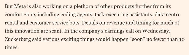 An English text excerpt about Meta developing coding agents, task-executing assistants, data-centre rental, and customer-service bots