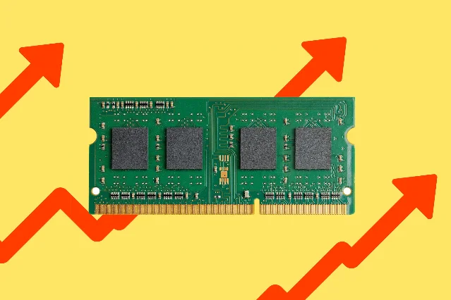 A computer memory module resting on a yellow background with red arrows pointing upward