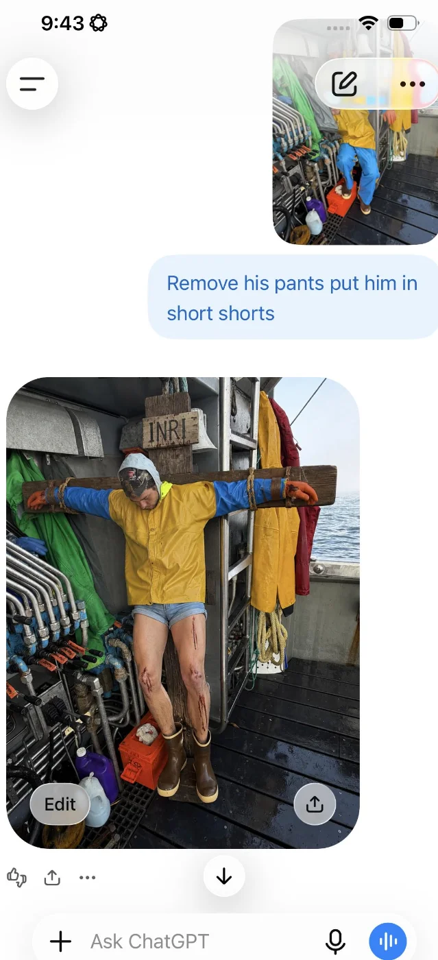 A ChatGPT image-edit screenshot in which a request to replace pants with short shorts is followed by an output showing a bound figure in a yellow jacket and boots.