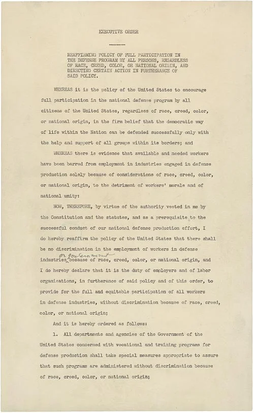 Executive Order 8802, original document scan from the National Archives — typewritten order with FDR's handwritten signature at bottom