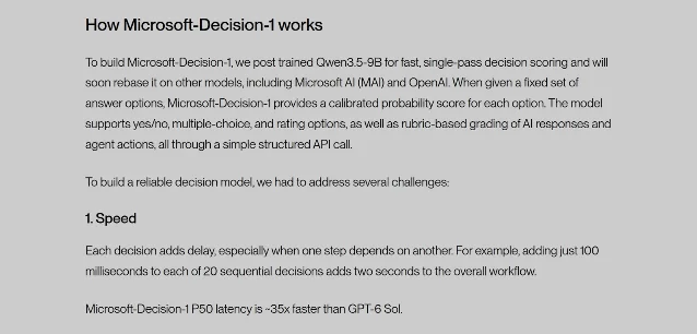 The "How Microsoft-Decision-1 works" section of Microsoft's launch post, showing the paragraph that names the base model and the plan to rebase it