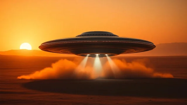 黄昏沙漠中悬停的经典碟形 UFO,底部向下射出光束