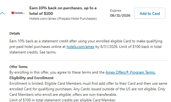 Hotels.com Amex Offer — 10% back up to $100, prepaid bookings, expires Aug 31, 2026