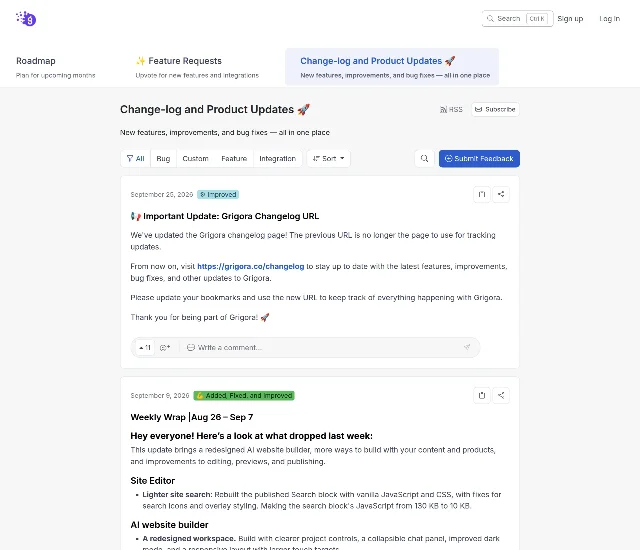 The Grigora changelog page, showing a September 25, 2026 entry above a weekly wrap dated September 9, 2026
