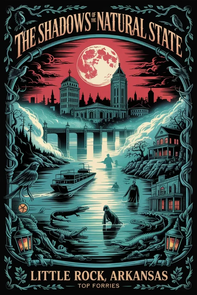 A horror-travel poster for Little Rock, Arkansas, with the headline THE SHADOWS OF THE NATURAL STATE arching across the top and the city name set along the bottom.