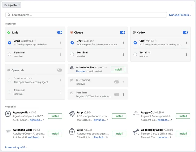 The Agents page in a JetBrains IDE, with Junie, Claude, Codex, OpenCode, GitHub Copilot and Pi listed above a catalogue of further agents offered with Install buttons