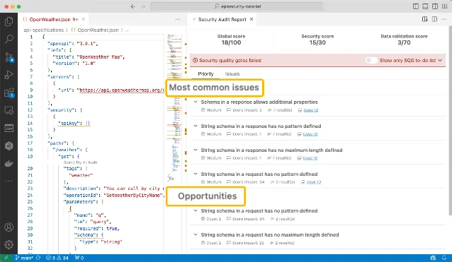 VS Code split view: OpenAPI JSON spec on the left, Security Audit Report panel on the right showing a 18/100 global score with Most Common Issues and Opportunities lists