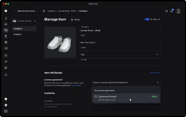 The Configure page for a Marketplace avatar item in Creator Hub, with an Item Attributes section whose License agreement field opens a dropdown reading No license agreement above a greyed-out [Agreement Name] row marked Active and 20% of creator share