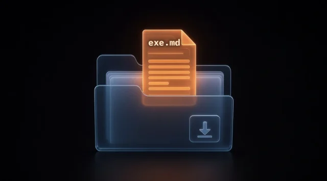 An orange document labelled exe.md rising out of a glowing blue downloads folder