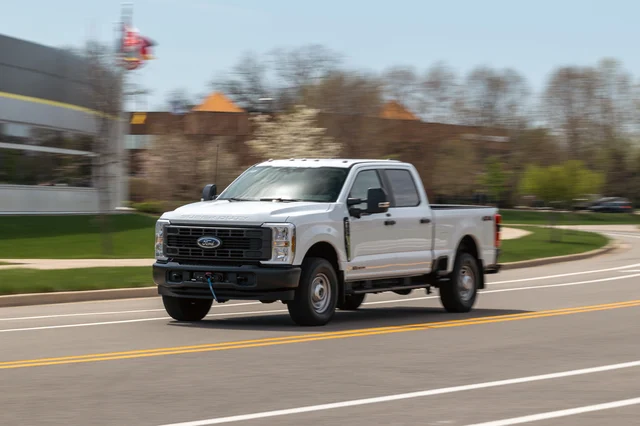 A gray 2026 Ford Super Duty pickup photographed on a road