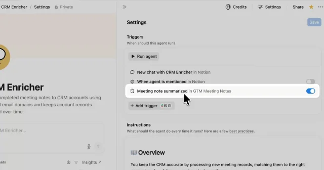 Notion Custom Agent settings showing the trigger list, including the active meeting-note trigger