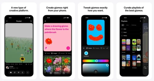 Four Pocket product screens showing a generated game, a prompt, an editor, and a playlist view