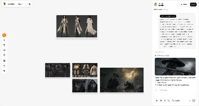 Miora editor preview with a storyboard canvas, reference images, and an AI creative panel