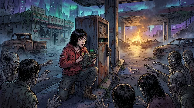 废弃服务区被围困的女性玩家陈玲,红色连帽衫,短发,手持改装信号发射器,赛博末日风格