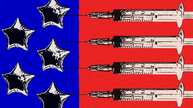 注射器排成美国国旗条纹,注射时代的视觉隐喻