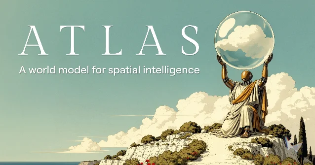 Atlas promotional illustration showing a figure holding a glass sphere beneath the word Atlas