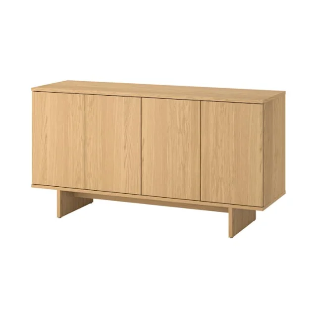 STOCKHOLM 2025 sideboard in oak veneer — 63-inch wide Scandinavian media console with push-open cabinet doors and slat legs