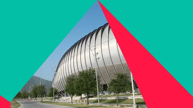 Monterrey Stadium exterior with FIFA World Cup 2026 graphic frame
