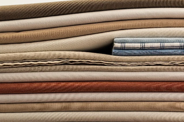 A stack of folded linens in neutral colors
