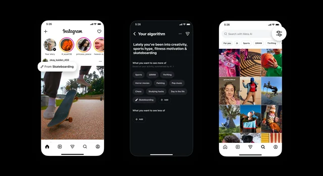 Instagram screens showing a Reels topic label, the Your algorithm interest panel, and Explore topic controls.