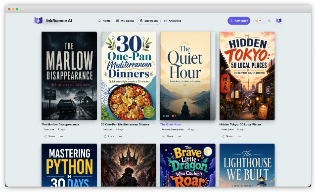 Inkfluence AI showcase of eight AI-generated book covers across different genres