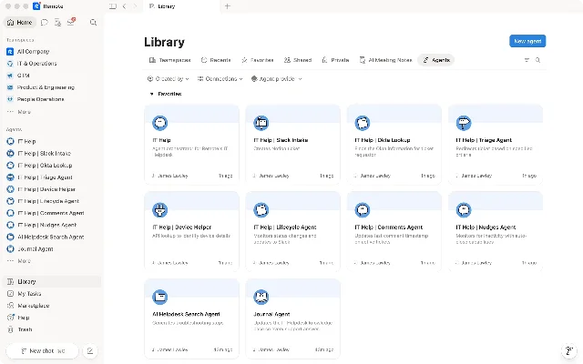 Notion workspace library showing a grid of Custom Agent cards, including IT Help, IT Help | Slack Intake, IT Help | Triage Agent, IT Help | Device Helper, and IT Help | Nudges Agent