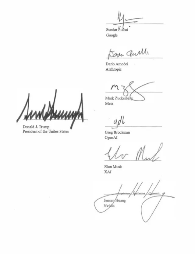 The signature page of the one-page accord, with Trump's signature above six countersignatures in a column on the right