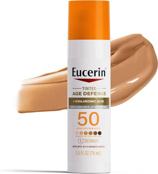 Eucerin Sun Tinted Age Defense SPF 50 bottle with tinted cream swatch