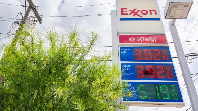 Exxon Mobil gas station price sign showing regular gasoline at $3.82 per gallon